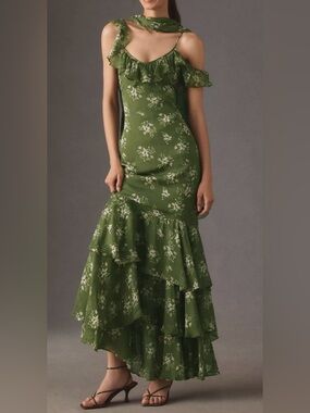 BHLDN Green Jules Scarf Off-Shoulder Maxi Dress NWT